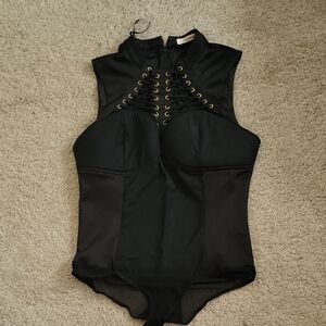 NEW San Joy Black Lace-Up High-Neck Kids One-Piece